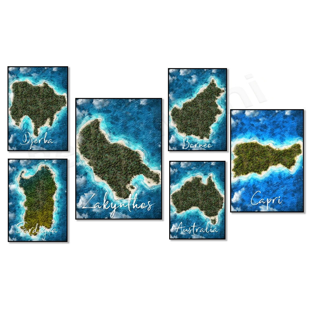 Póster del mapa de Borneo, Australia, Samos, Sardenia, Kos, Krk, Capri, Fuerteventura, Madeira, Maiorca, Zakynthos, Gyor Ba Island