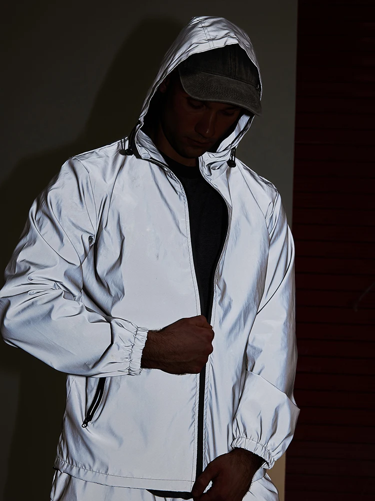 

S-5XL Night Reflective Jackets Men's Spring Hooded Hip Hop Streetwear Couples Party Dance Performance Outdoor Windproof Coats