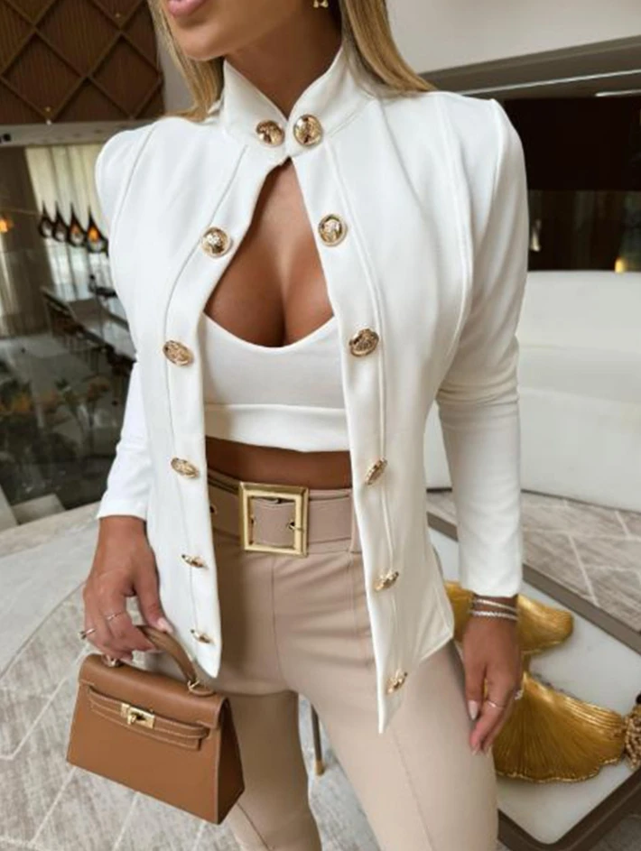 

Women's fashionable commuting suit jacket 2024 autumn/winter stand collar slim fit long sleeved double breasted small suit