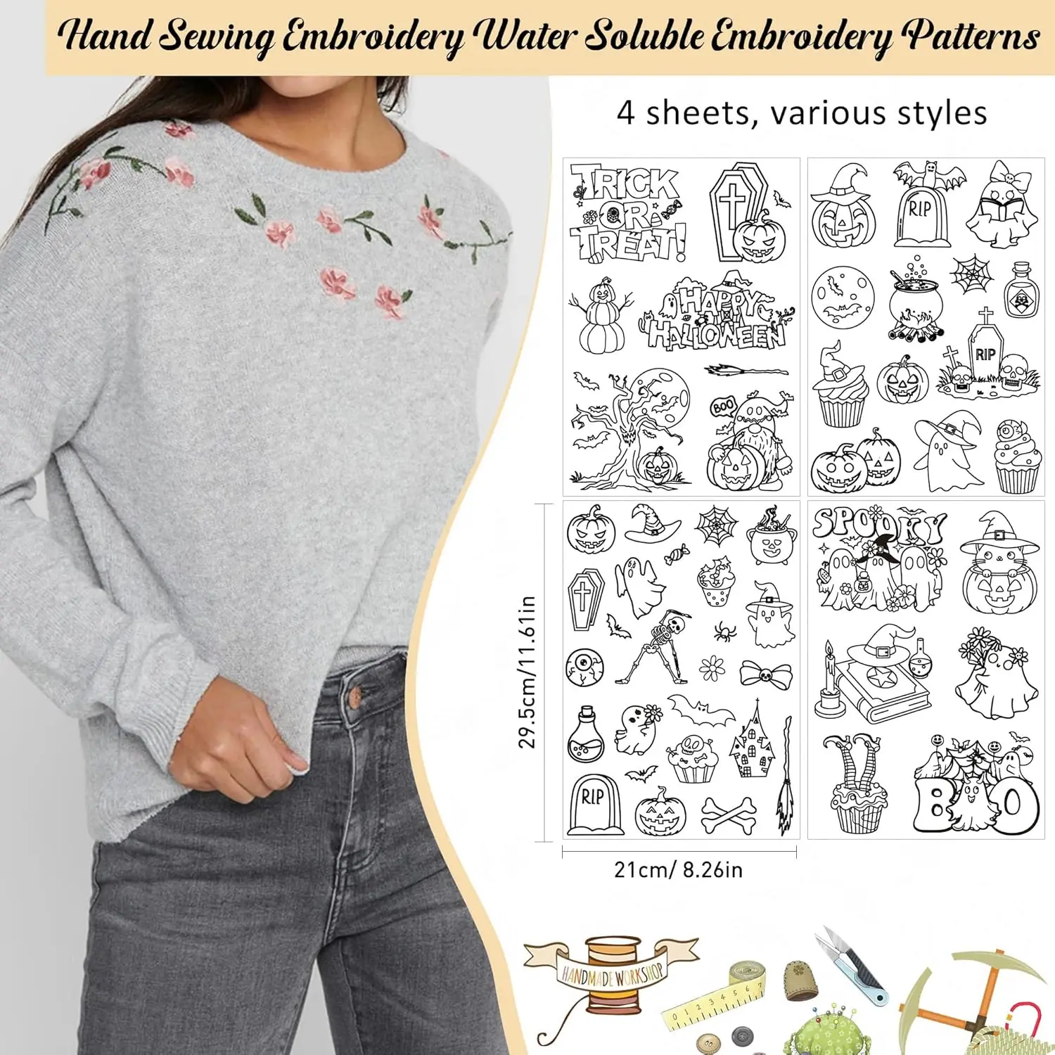Water Soluble Stabilizer Embroidery Pattern, Halloween Stick & Stitch Embroidery Paper Wash Away, Ghost, Pumpkin Hand Sewing Kit