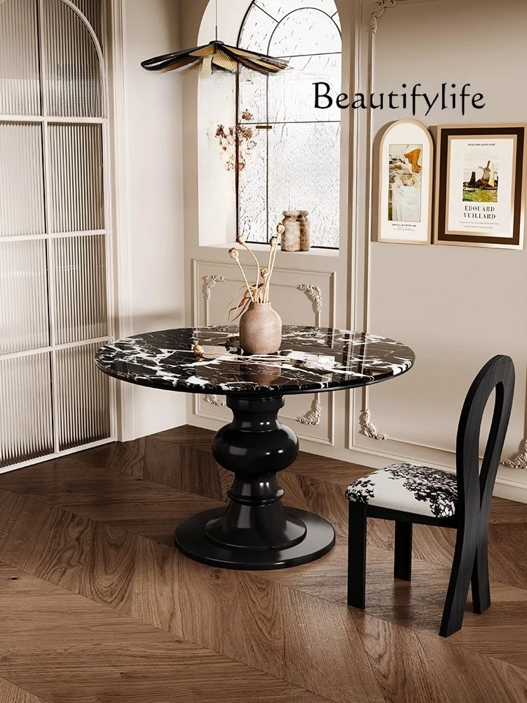 

Creative French retro marble round dining table small apartment household cream style solid wood designer