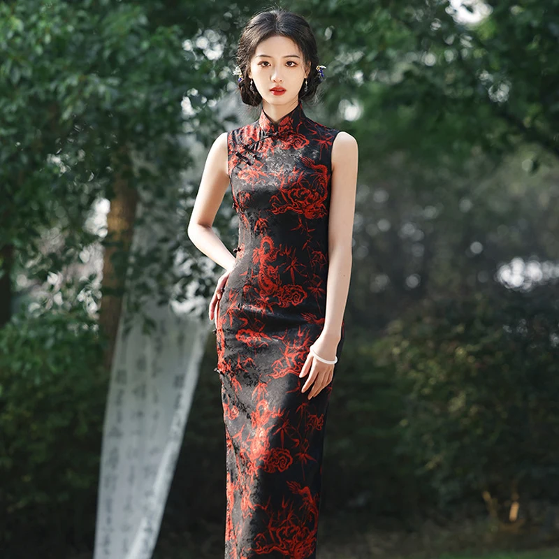 

New Chinese Retro Improved Qipaos Fashion Printed Women Qipao Sexy Slim Sleeveless Dresses Traditional Mandarin Collar Cheongsam