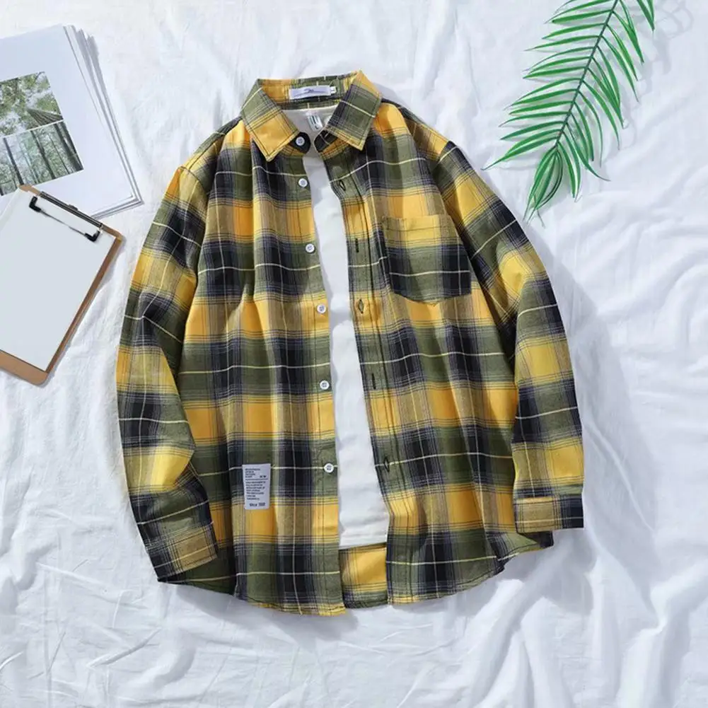 Men Shirt Jacket Plaid Printing Long Sleeves Patch Pocket Button Placket Shirt Jacket Spring Plaid Pattern Office Cardigan Shirt