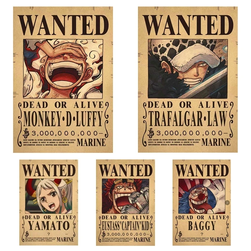 New Anime One Piece Luffy 3 Billion Bounty Wanted Posters Four Emperors Kid Action Figures Vintage Wall Decoration Poster Toys