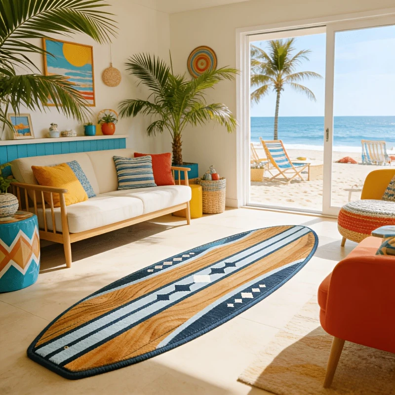 Creative Surfboard Fuzzy Rug Tropical Waves Palm Bedroom Side Cushion Soft Living Room Corridor Floor Mat Home Decoration