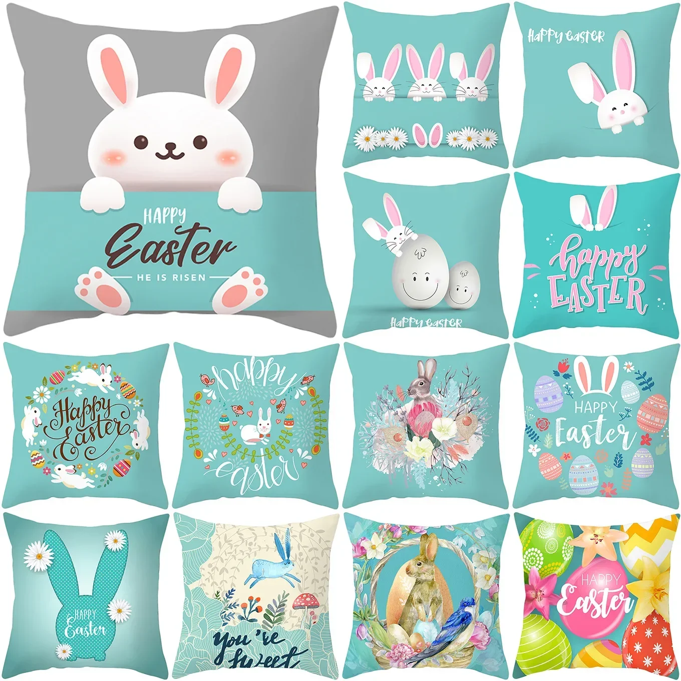 Sofa Cushion Cover Home Decor Easter Decorations Pillowcase Green Blue Rabbit Print