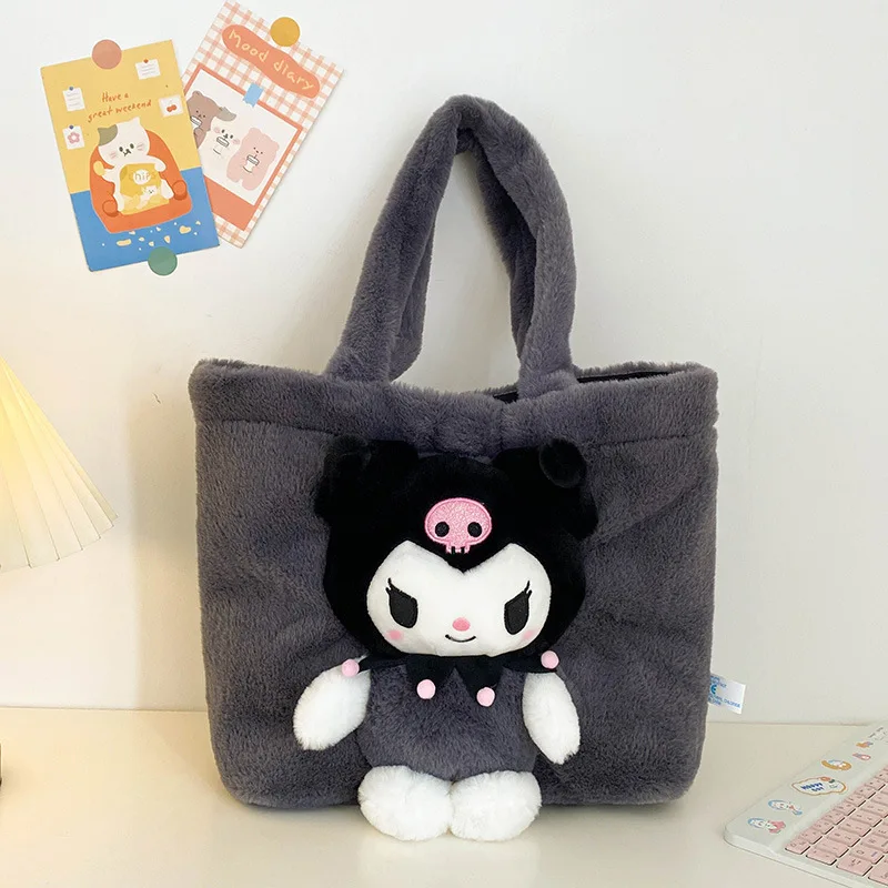 MINISO 2024 New Cartoon Plush Doll Shoulder Bag Sweet and Cute Stitch Strawberry Bear Soft Cute Girls Handbag