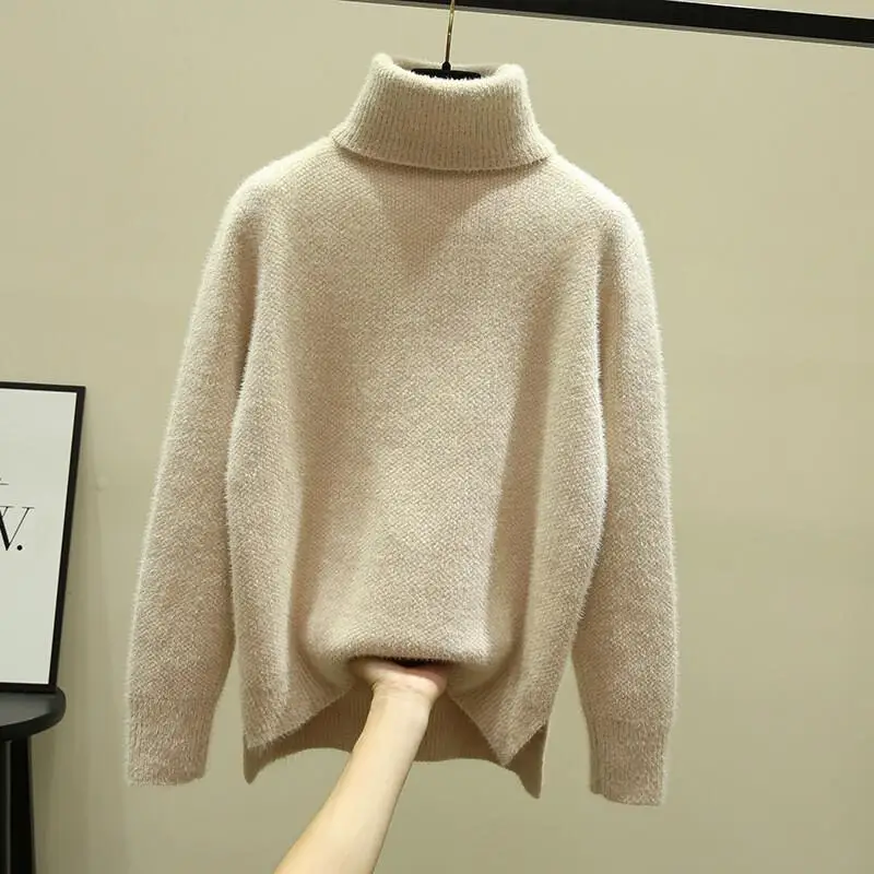 

New Women's Sweater Girl Winter Pullover Imitation Mink Soft Solid Color High Neck Sweater Women Loose Chenille Knitted Tops