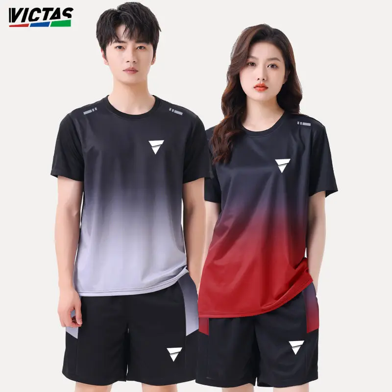 VICTAS Table Tennis Short Sleeve Set Men's and Women's Summer Thin Outdoor Sports Fitness Bundle Dry T-shirt