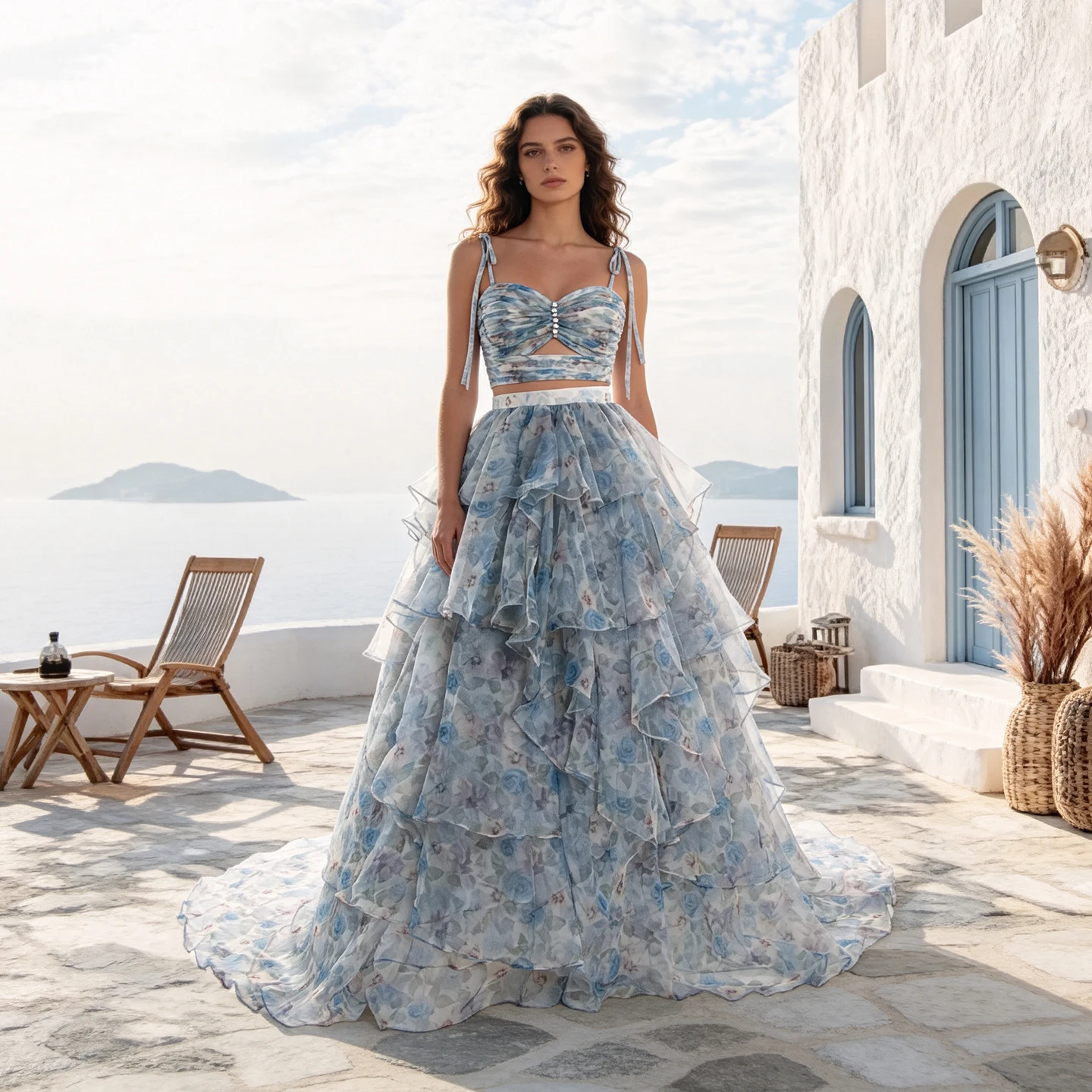 Blue Floral Two-piece Photoshoot Gown Layered Tiered Ruffle Special Occasions Dress YW260287