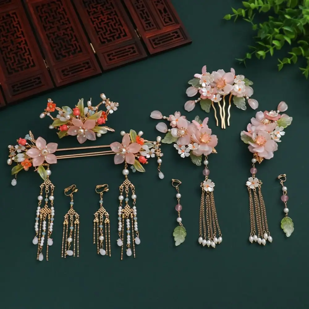 Tassel Chinese Style Hairpin Set Classical Earring Pearl Hanfu Hair Stick Hanfu Headwear Hair Chopstick Hairstyle Design Tool