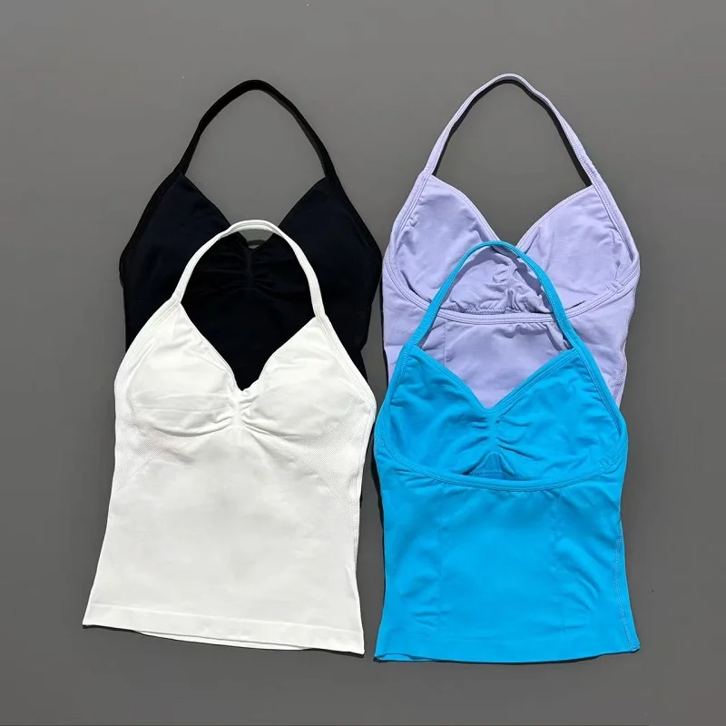 ملابس رياضية للصالة الرياضية للسيدات بدون خياطة لليوجا مع وسادات قابلة للإزالة ورقبة على شكل V رياضية بدون أكمام سترة رياضية للجري واللياقة البدنية #3