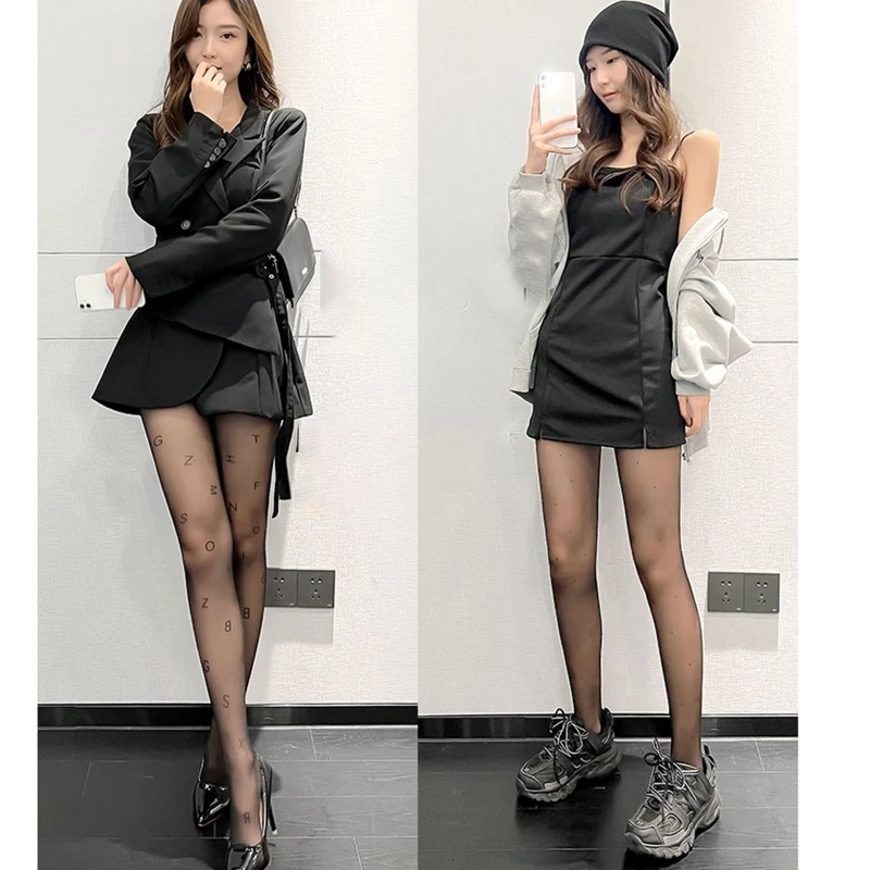 

Sexy Tight Pantyhose for Women Letter Print Stockings Sheer High Waist Pantyhose F3MD