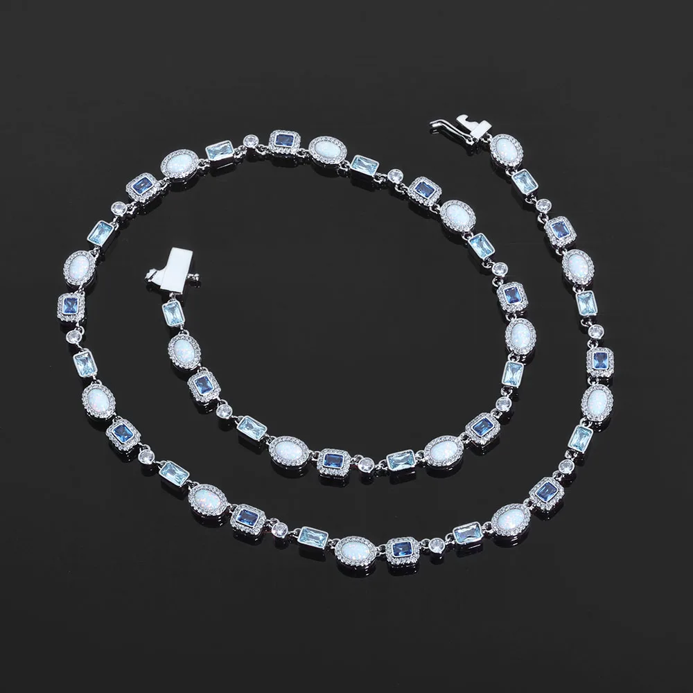 

New Exquisite 6mm Iced Geometric Gem Spring Buckle Necklace Multicolor Opal Zirconia Hip-Hop Fashion Miami Necklace