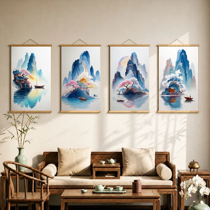Wall Decor Elegant Eastern Woman Portrait, Chinese Vintage Pearlescent Canvas Hanging Scroll with Wooden Rods for Beauty Studio
