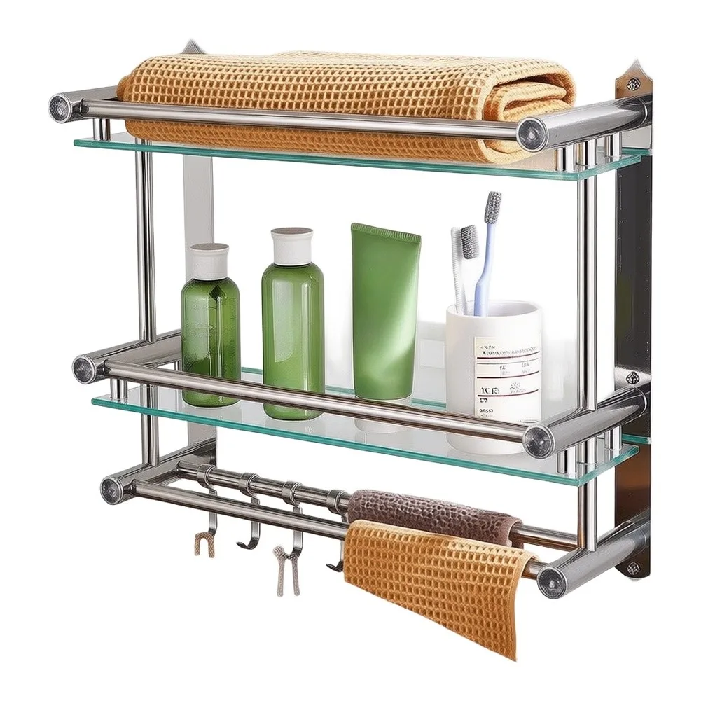 Stainless Steel Wall Mounted Shelf with Dual Tempered Glass Layers for Bathroom Towel and Essentials Placement