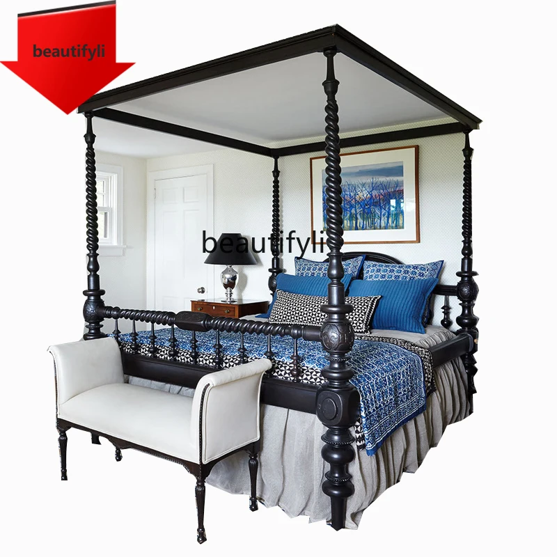 

Light Luxury Solid Wood Pillar Bed Black Carved Three-Dimensional Vintage Distressed Minimalist Style Double Bed Customizable