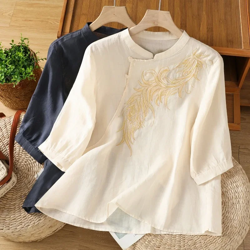 

Chinese Style Women's Blouses Embroidery Shirts Fashion Loose Summer Clothing Short Sleeve Korean Cotton Linen Women Tops