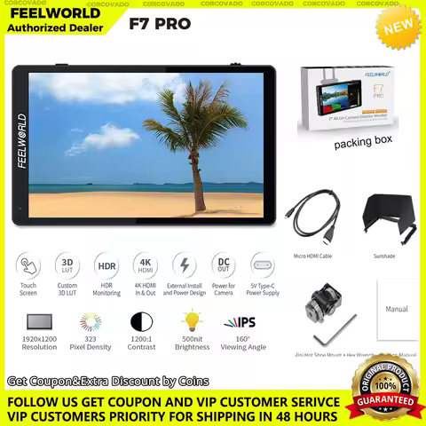 7" Camera Field Director AC Monitor.FEELWORLD F7 Pro.3D LUT Touch Screen/4K 60Hz HDMI Input Output Mini Hot Shoe/External Power
