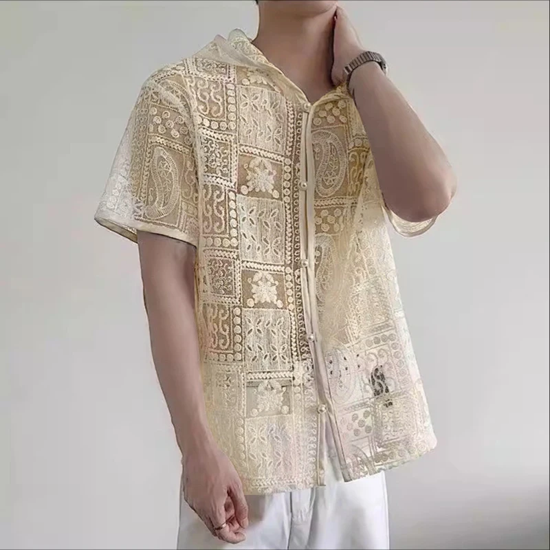 

INCERUN Мужская рубашка, кружевная прозрачная рубашка с капюшоном и коротким рукавом на пуговицах, мужская одежда, сексуальная свободная уличная одежда, модные повседневные мужские рубашки 2025 года