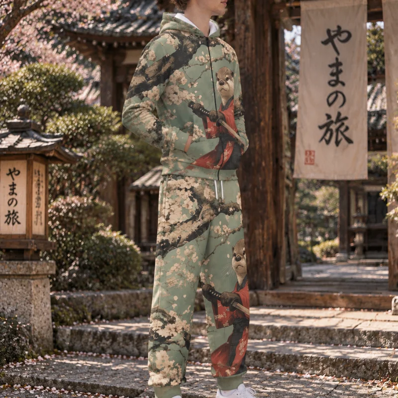 Men's Samurai Otter Tracksuit 2Pcs Set Cherry Blossom Print Zip Up Hoodie Sweatpants Japanese Anime Streetwear view 4