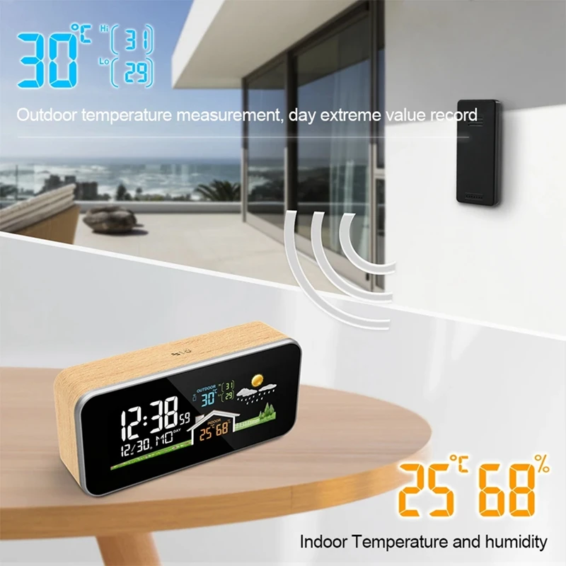 Wireless Weather Station Wooden Alarm Clock Home Desk Watch Digital Thermometer Humidity Temperature Wireless Sensor