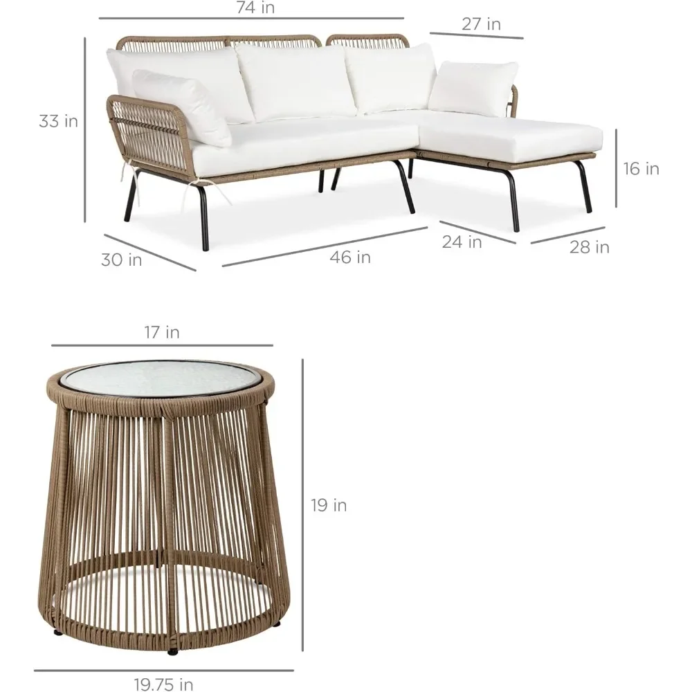 Outdoor Rope Woven Sectional Patio Furniture L-Shaped Conversation Sofa Set for Backyard, w/Thick Cushions,Side Table - White