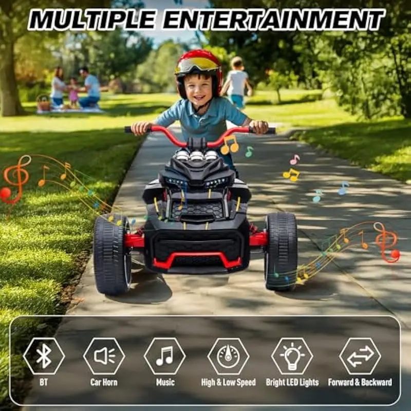 Twelve volt electric ride on motorcycle for children featuring three wheel stability LED illumination EVA rubber tires dual spee