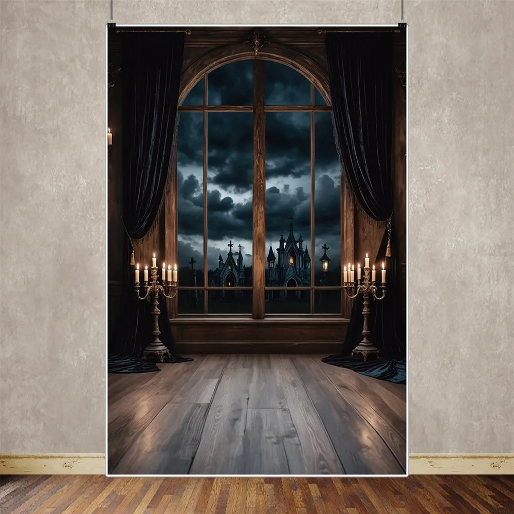 MOON.QG Halloween Backdrop Photography Curtain Window Candle Cemetery Photozone Background Child Studio Photobooth Supplies