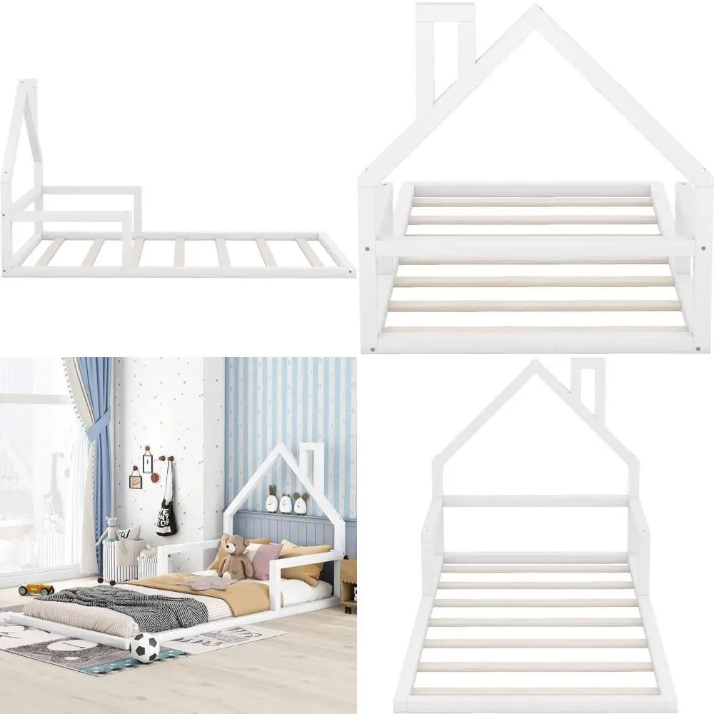 

House-Shaped White Wooden Platform Bed with Wood Slats, Twin Size, No Box Spring Needed