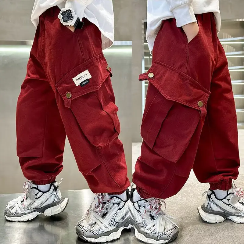 عالية الجودة الفتيان Sweatpants الخريف الاطفال سراويل تقليدية لصبي ملابس الأطفال الكورية 2025 الربيع فضفاض القطن الأحمر بنطلون