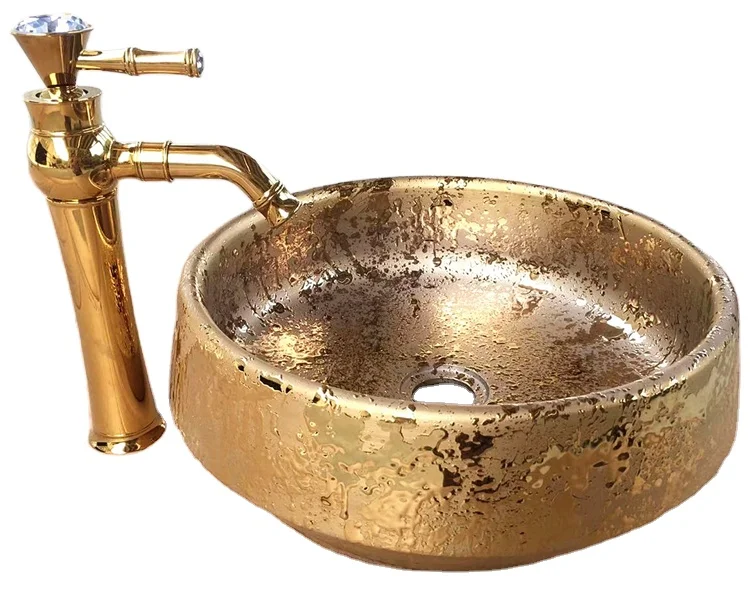 

Bathroom luxury above counter round golden decor art basin