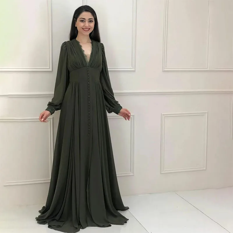 

Elegant Dark Green Evening Dresses Empire Waist Long Sleeve V Neck Pleated Floor Length Party Prom Gowns Custom Made