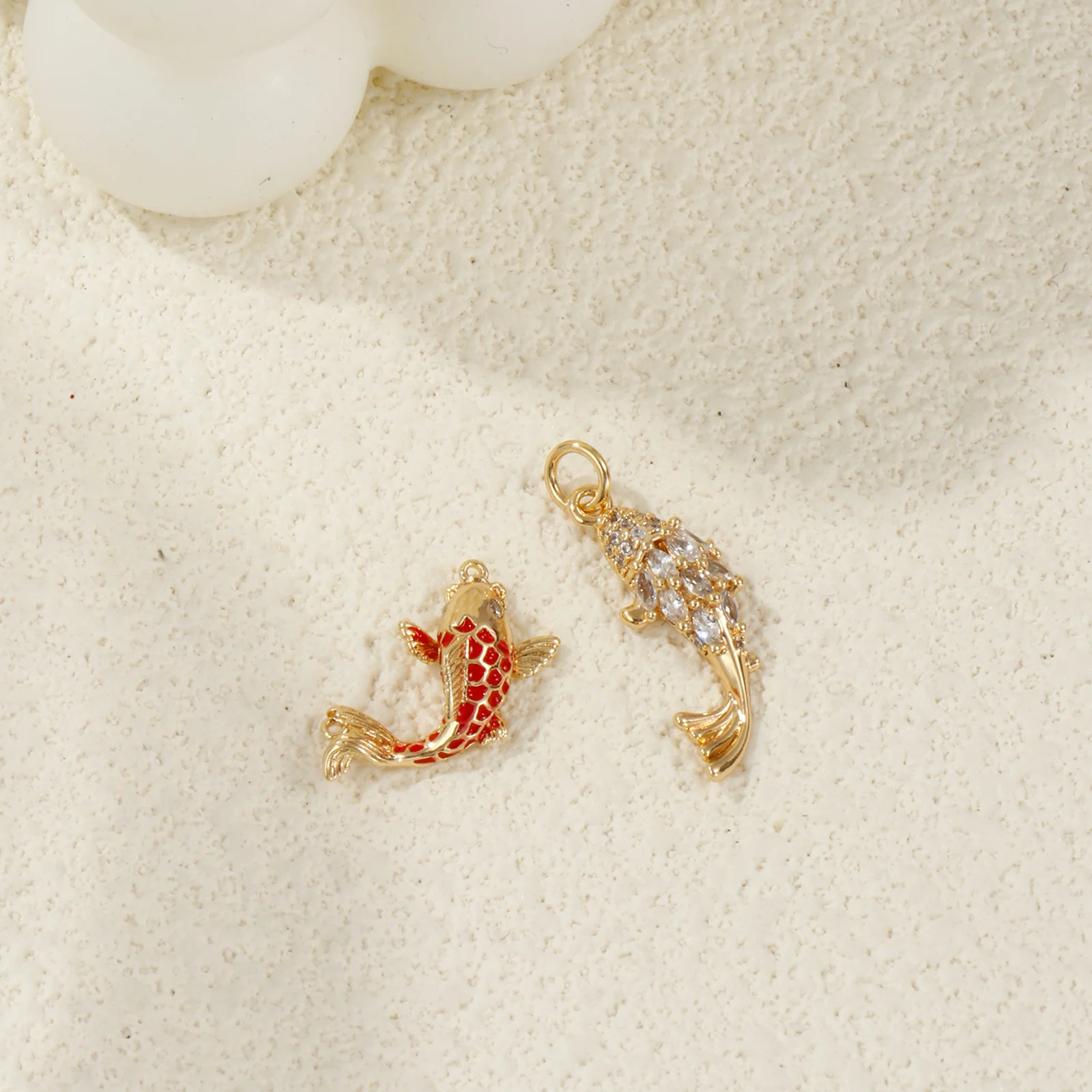 1pc Brass Koi Fish Good Luck Charms 18K Gold Plated Red Ocean Animal Clear Cubic Zirconia Pendant  For Jewelry Making Findings