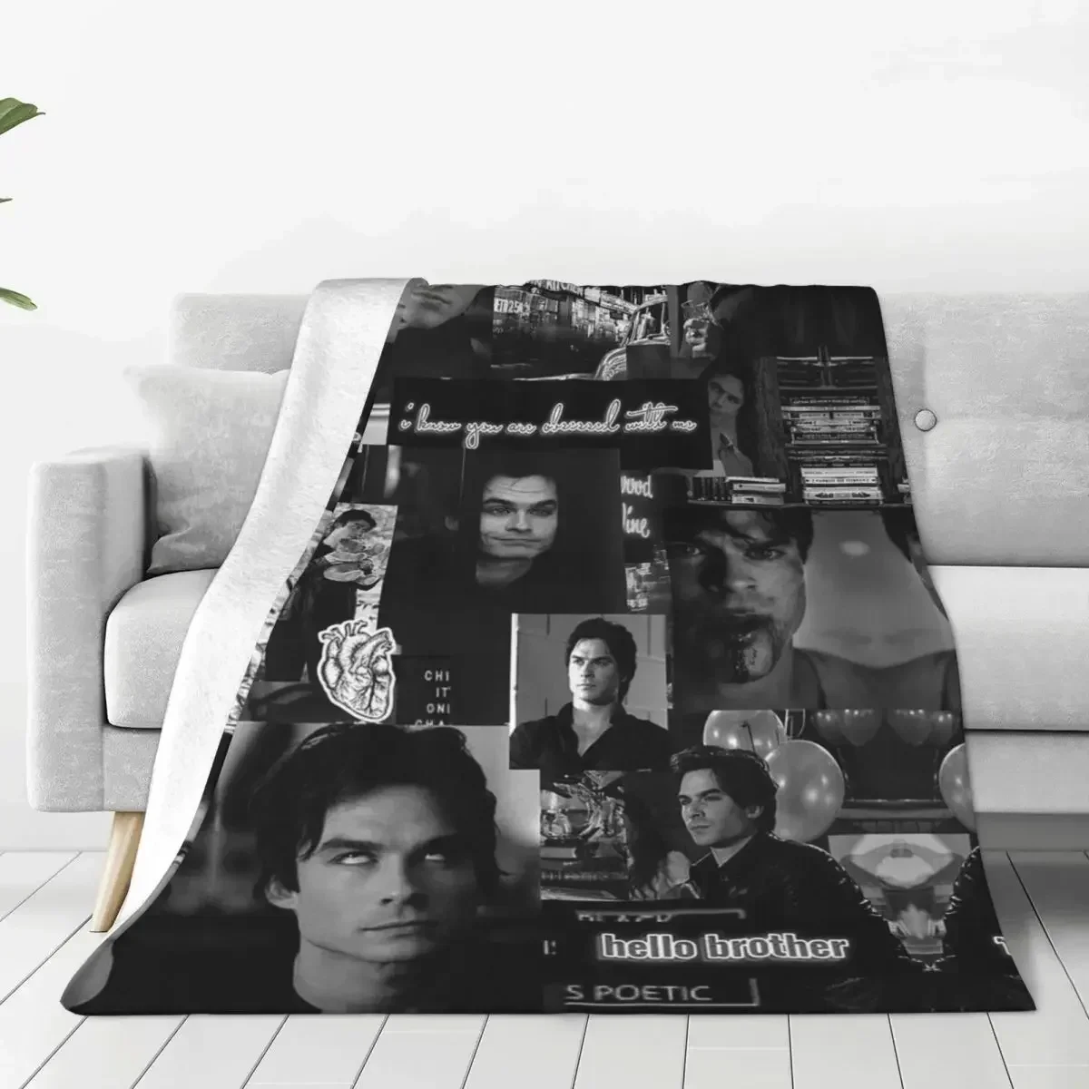 Damon Salvatore The Vampire Diaries Flannel Blankets Vintage Throw Blankets for Sofa Bedding Lounge 150*125cm