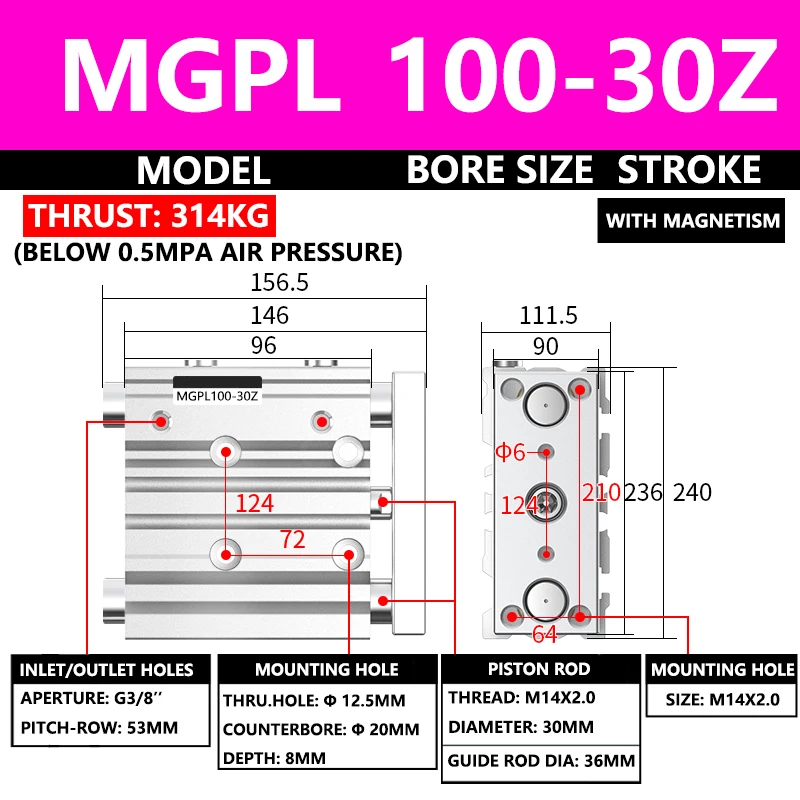 ABILKEEN MGPL100-30Z MGPL Pneumatic Compact Guide Cylinder 100MM Bore X 30MM Stroke Three Axis Three Rod Thin Air Cylinder