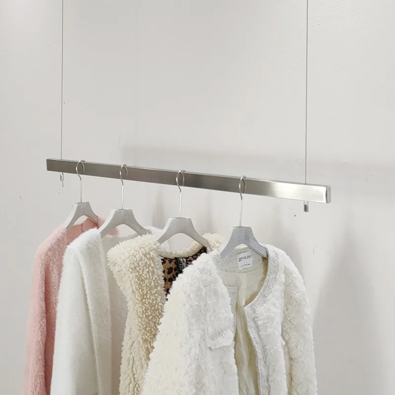 Clothing store display rack women's clothing window ceiling hanging shelf stainless steel brushed silver hanger square tube