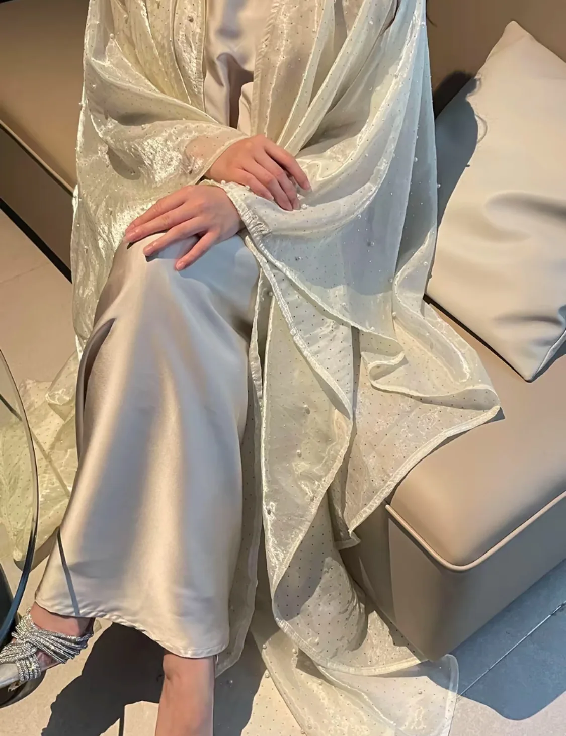 

Saudi Beads Muslim Women 2pcs Sets Abayas Casual Open Kimono Cardigan Under Dresses Islam Clothing Moroccan Kaftan Eid Ramadan