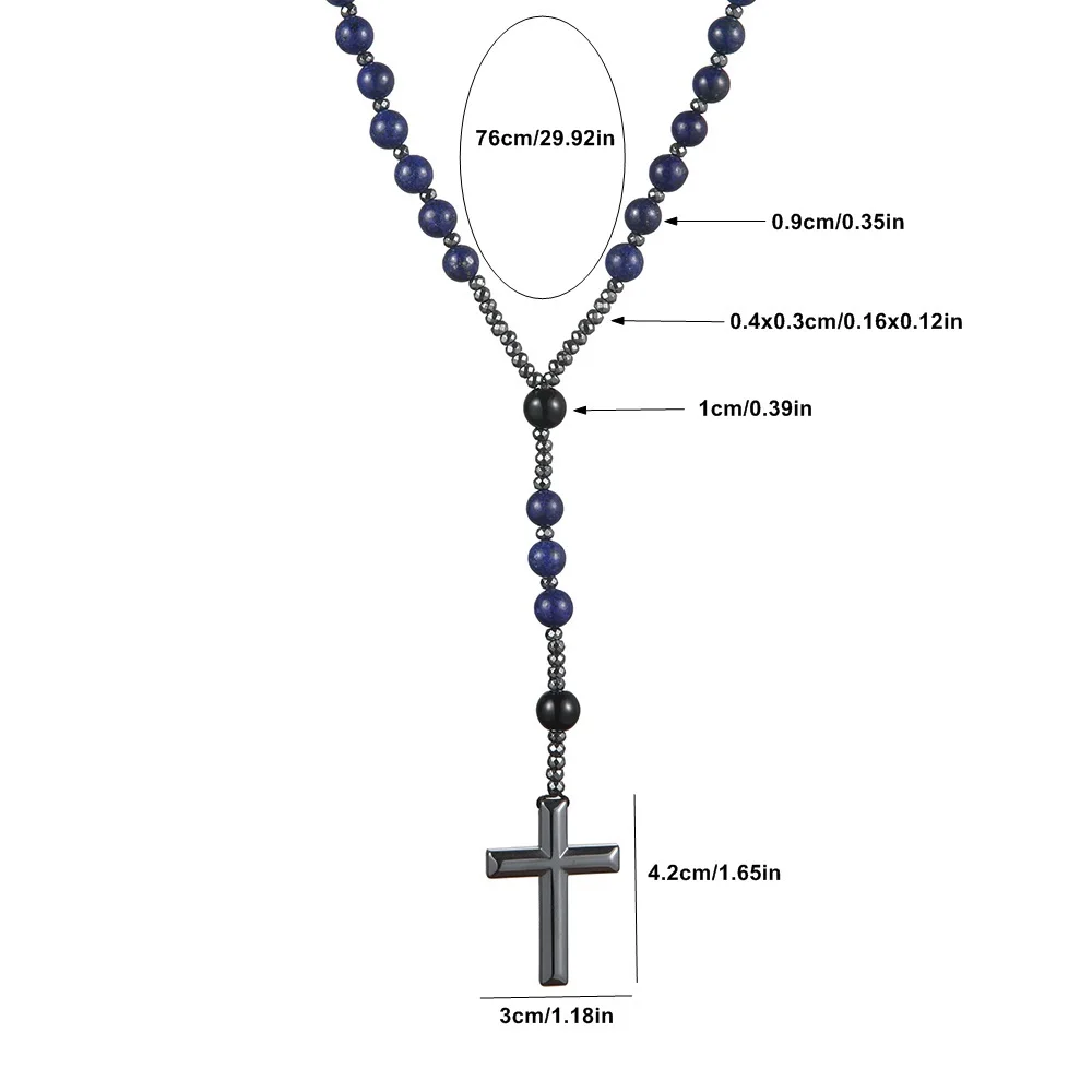 Naturstein blaue runde Perlen Edelstein Kreuz Anhänger Halskette für Männer und Frauen Rosenkranz Gebetsschmuck – Detail 2