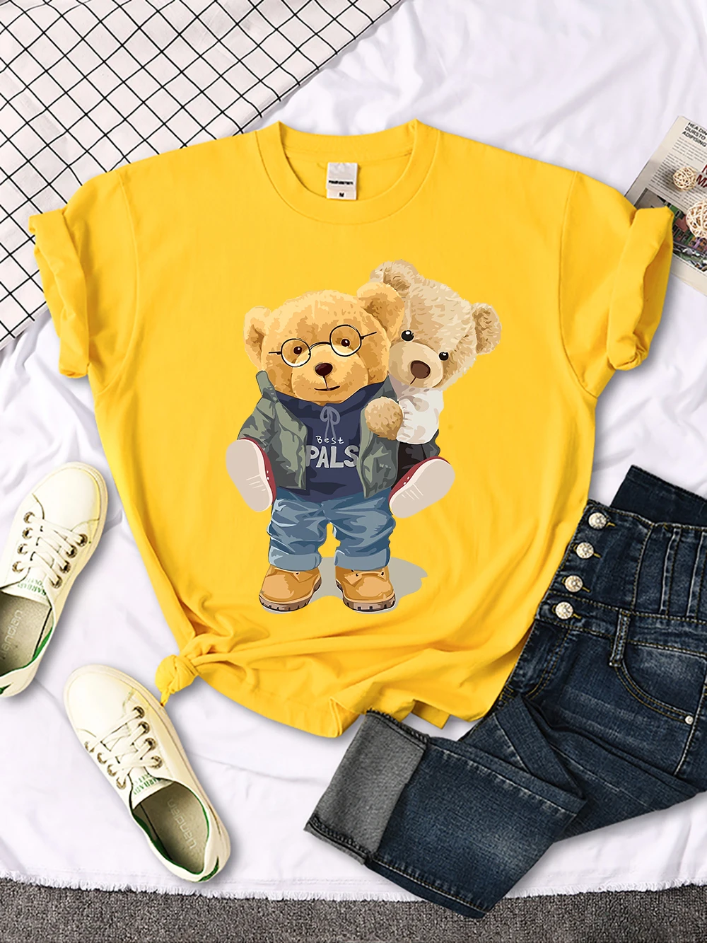We Are Best Friends Cute Bear T-Shirt Women Summer Breathable Tops Street Vintage Casual Short Sleeve Sport Aesthetic Clothes
