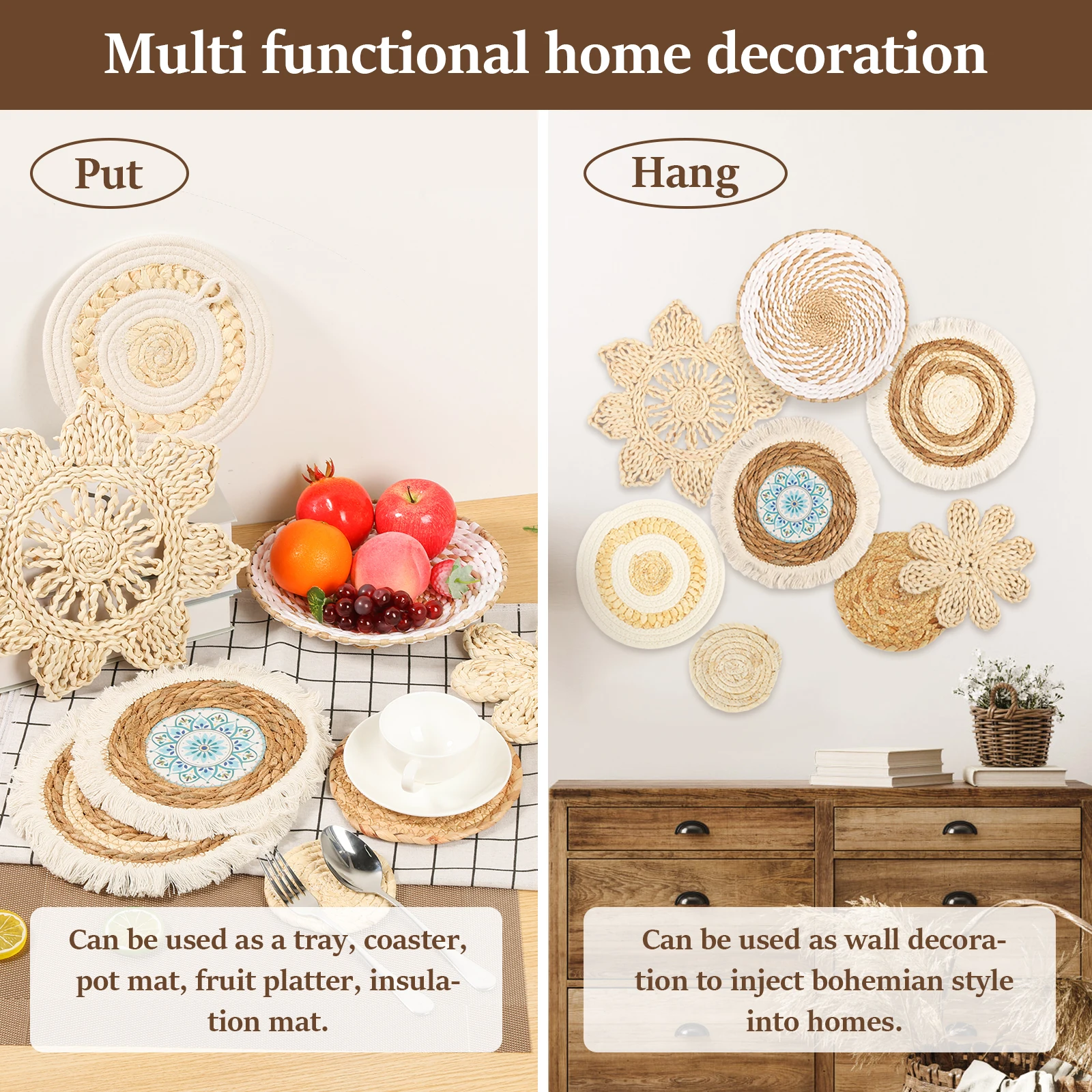 8Pcs Wall Basket Décor Set Round Wall Hanging Woven Basket Rustic Woven Basket Wall Decoration Handcrafted Basket Wall Art