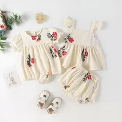 2026 Summer Infant Girls Floral Puff Sleeve Bodysuit Toddler Tee And Shorts 2PCS Sets Children's Outfit Embroidered Baby Sets