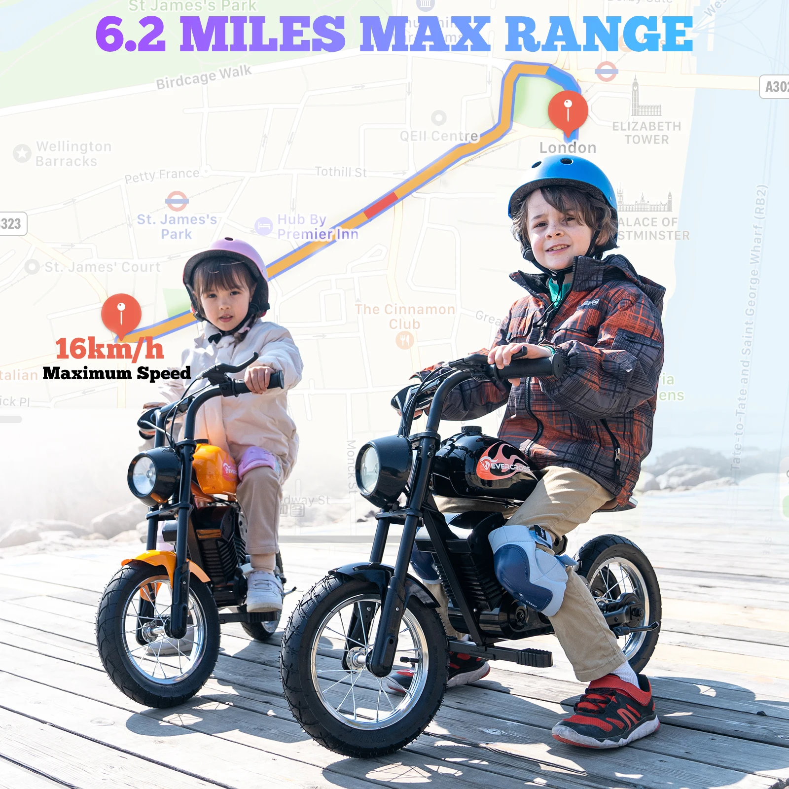 EVERCROSS TECH EV 08M Child Electric Motorbike, Motor 150W, speed Modes 8/16 km/h, 10 km range, 12 tires, Vintage Style