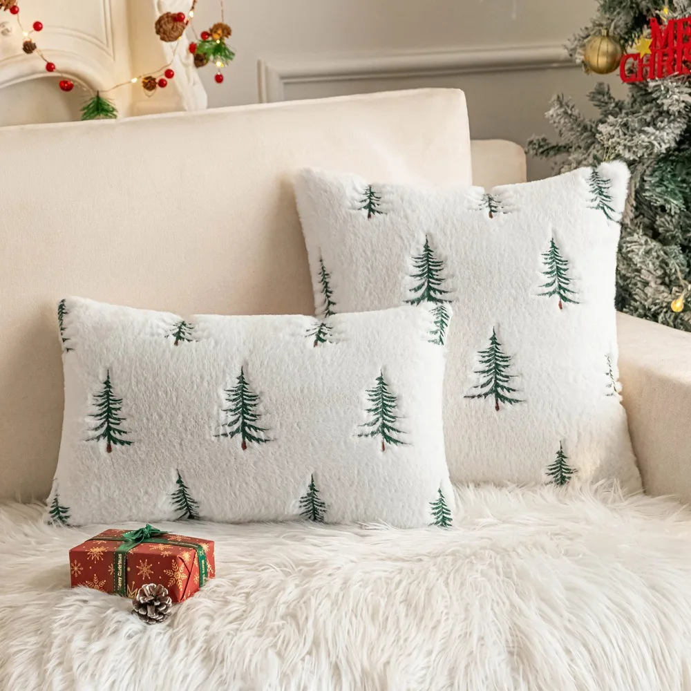 Soft Faux Rabbit Fur Throw Pillow Cover Christmas Tree Pattern Cozy Cushion Cover Home Decoration White Fluffy Pillowcase