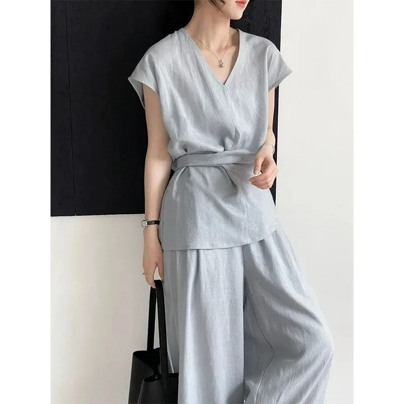 

Модный однотонный жилет с v-образным вырезом, высококачественный пуловер с ремешками на талии, свободные широкие брюки, универсальный комплект из двух предметов