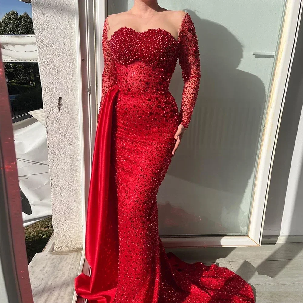 2025 Parels Zeemeermin Avondjurken Lang voor Vrouwen O Hals Lange Mouwen Formele Prom Bruiloft robes de soirée aangepaste