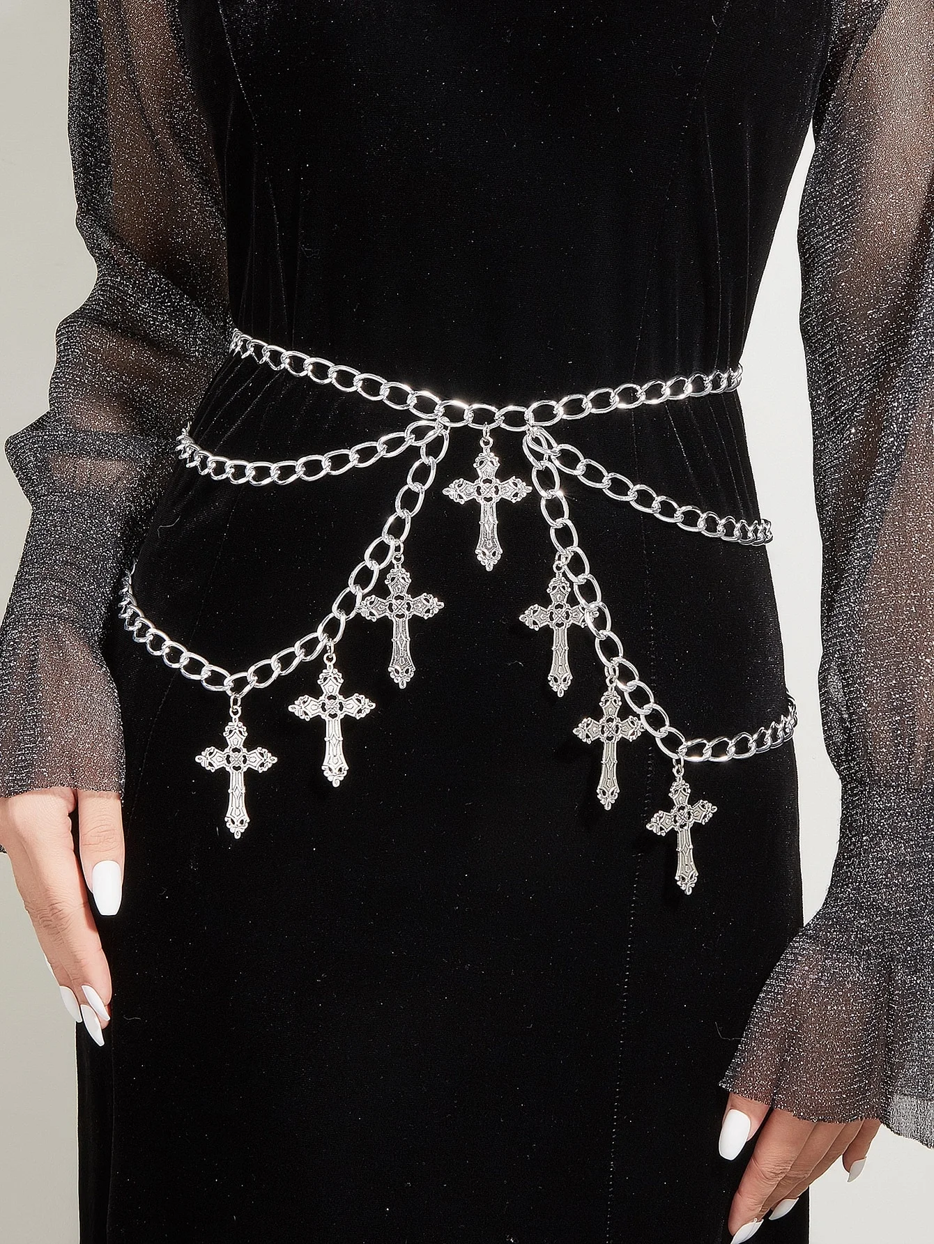 MW3202waist chain alloy hollow out cross pendant with wavy side swing chain waist chain waist decoration