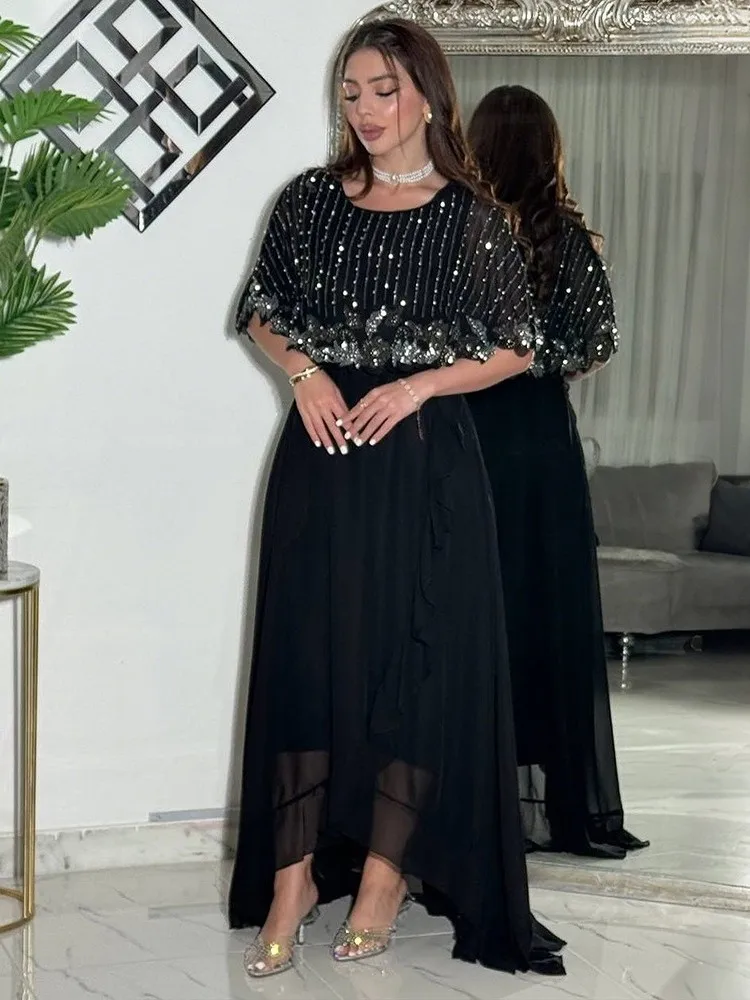 

Элегантное платье А-силуэта с поясом, круглым вырезом и пайетками на талии, женское, из полиэстера, для весны и лета, повседневное, для вечеринок.