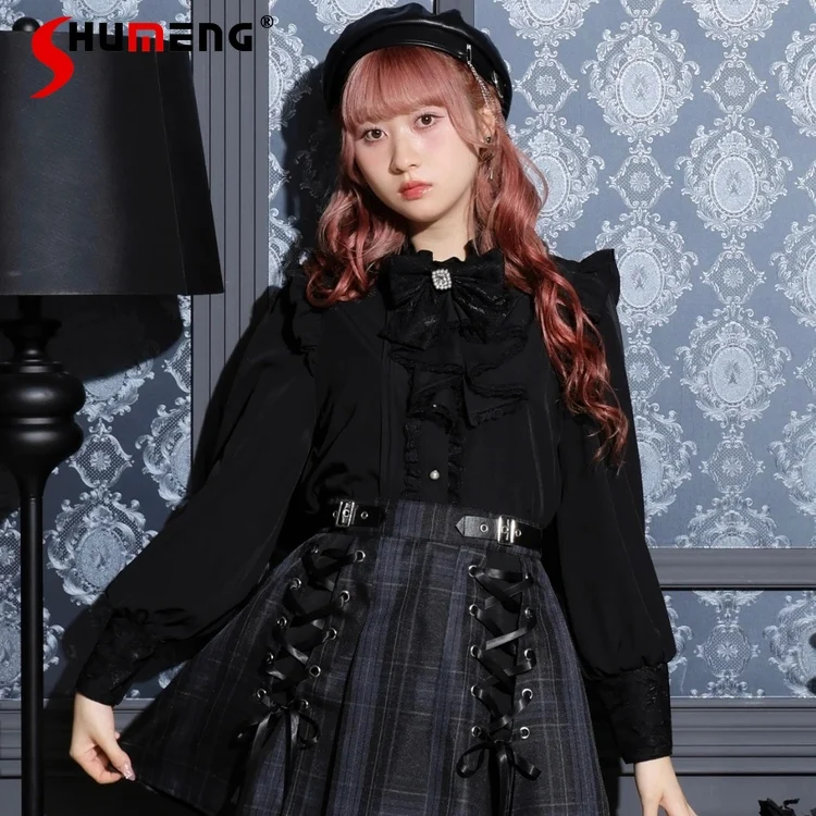 Japanese Style Mine Long-sleeved Shirt Women's Sweet Cute Removable Bow Long Sleeve Blouses Shirt Lady Lolita Tops Mujer Autumn