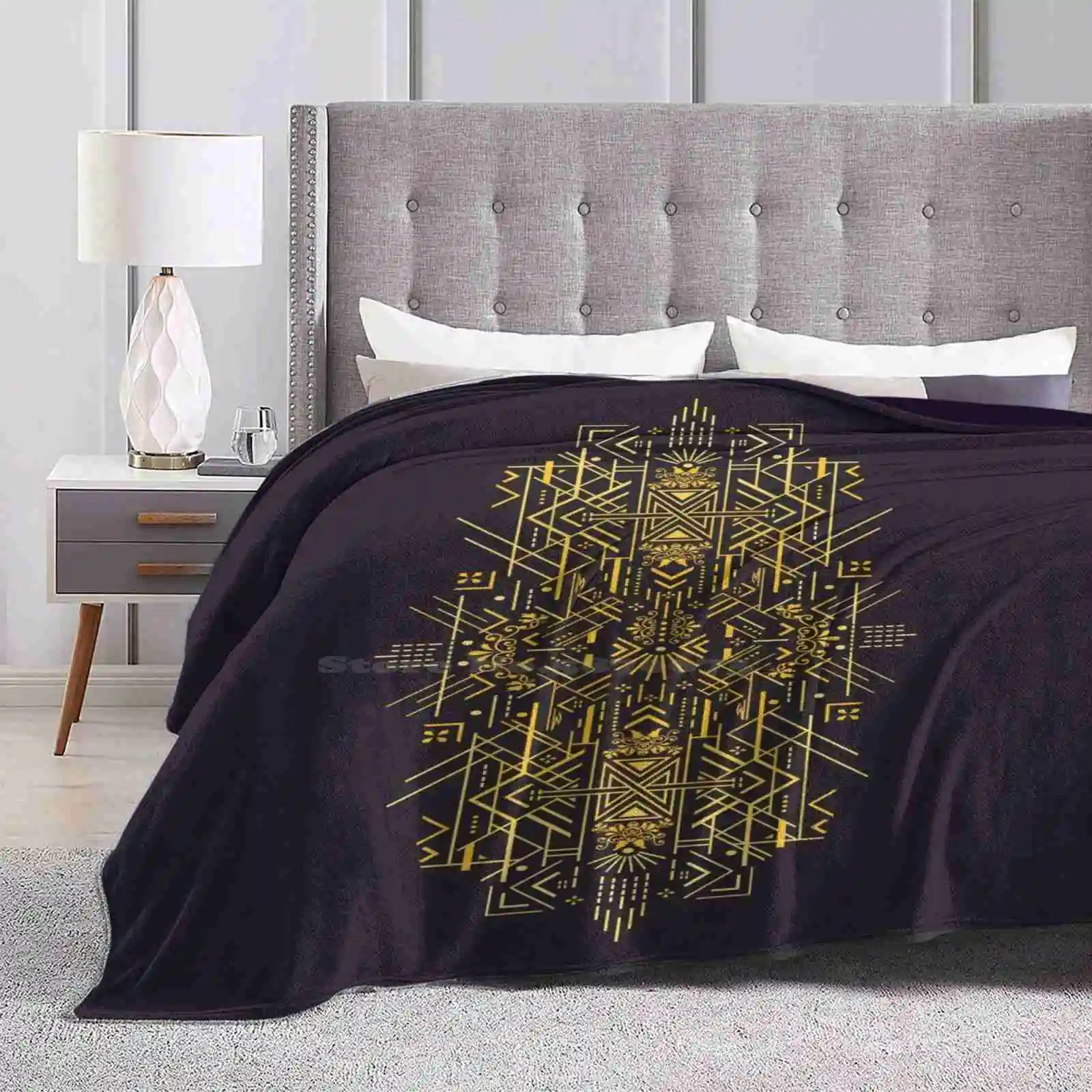 Life Is Golden Fashion Soft Warm Throw Blanket Muzich Tattoo Pattern Yellow Line Shape Geometric Motif Golden Priceless Rich